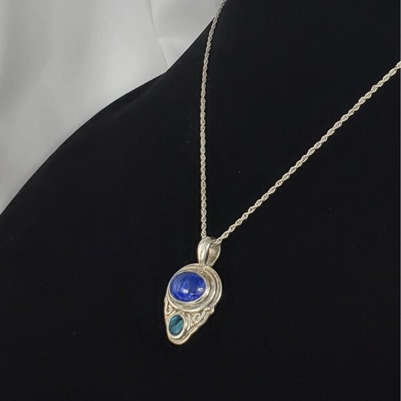 JC Sterling Silver 925 Blue Lapis Lazuli & Opal Pendant Necklace 18" Chain - Picture 6 of 16